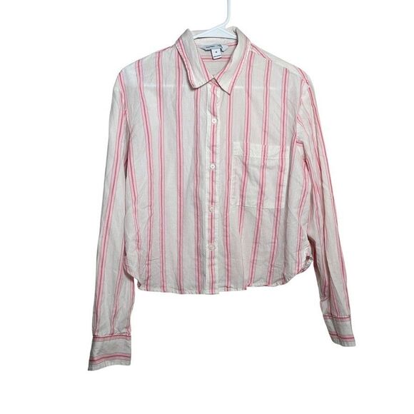 Old Navy Blouse Women's Medium The Cropped Shirt Pink Striped Collared Top - Picture 1 of 9